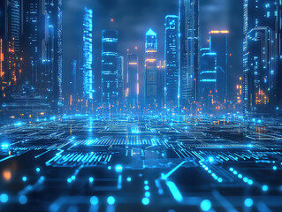 Futuristic Cityscape with Digital Circuit Board