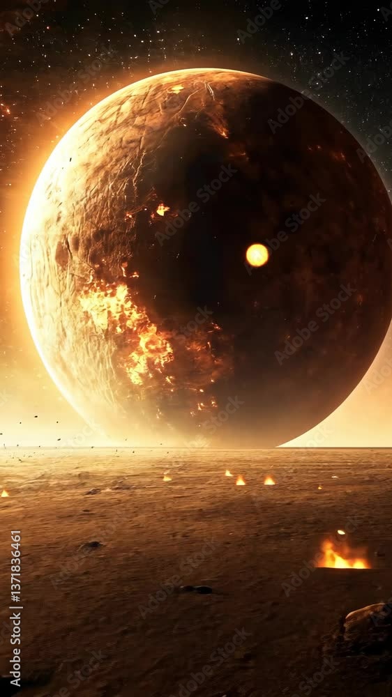 Poster planetary explosion over a desolate landscape in a distant part of the universe