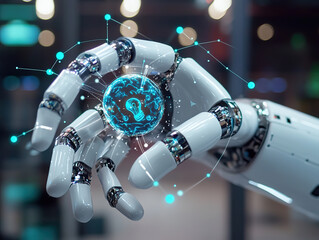 Futuristic Robotic Hand Holding a Digital Globe