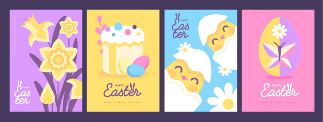 Set of holiday flat Easter posters with rabbit ears, Easter eggs, chicken and flowers. Vector illustration