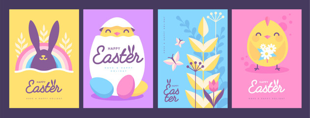 Fototapeta premium Set of holiday flat Easter posters with rabbit ears, Easter eggs, chicken, willow branch and flowers. Vector illustration