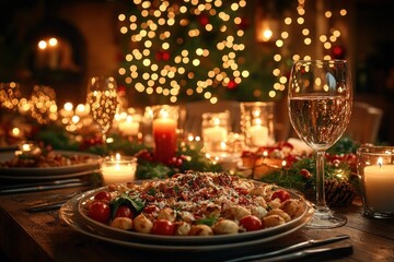 Fototapeta premium Cozy Family Christmas Dinner Celebration with Soft Candlelight and Festive Atmosphere