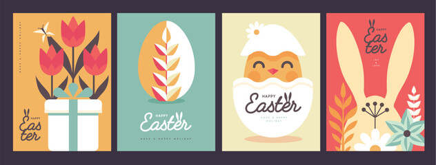 Set of holiday flat Easter posters with rabbit ears, Easter eggs, chicken, willow branch and flowers. Vector illustration