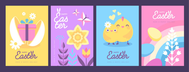 Set of holiday flat Easter posters with rabbit ears, Easter eggs, chicken, willow branch and flowers. Vector illustration