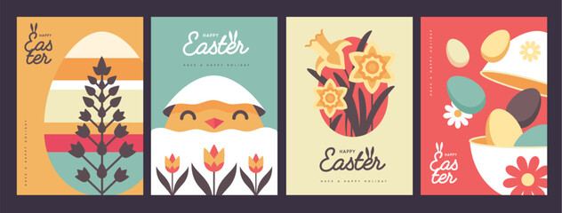Set of holiday flat Easter posters with rabbit ears, Easter eggs, chicken and flowers. Vector illustration