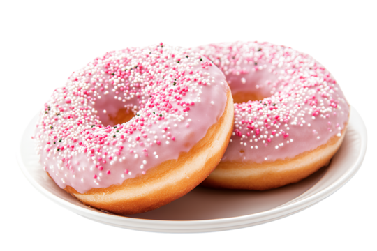 Two doughnuts, one with pink glaze and sprinkles on top, the other is white and has yellow dots on it, placed in front of each other on a transparent background
