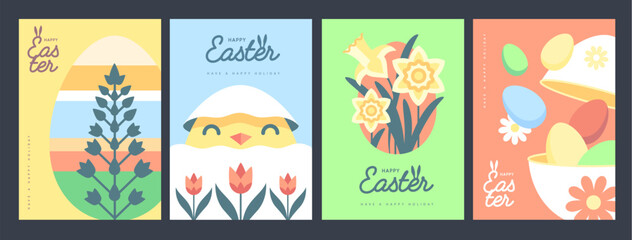 Set of holiday flat Easter posters with rabbit ears, Easter eggs, chicken and flowers. Vector illustration