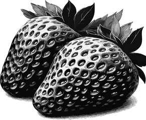 Black and White Strawberry, This black-and-white image beautifully captures two ripe strawberries, showcasing their intricate texture with detailed pockmarks and glossy skin. 