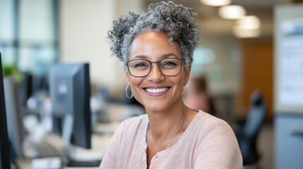friendly bank teller smiling at customer in modern office environment