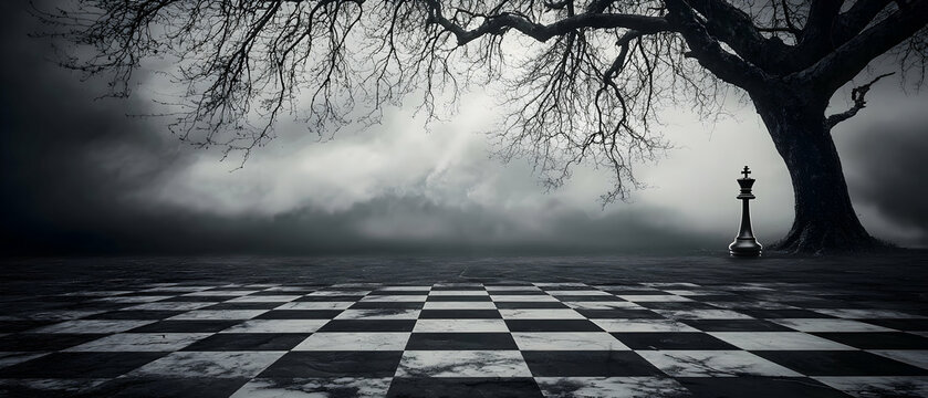 Silhouette of Chess Piece on Giant Chessboard in Misty Mountain Landscape