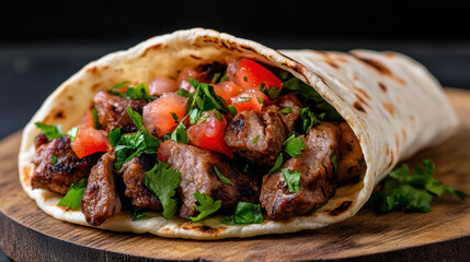 Delicious shawarma taco filled with grilled meat, fresh tomatoes, and herbs