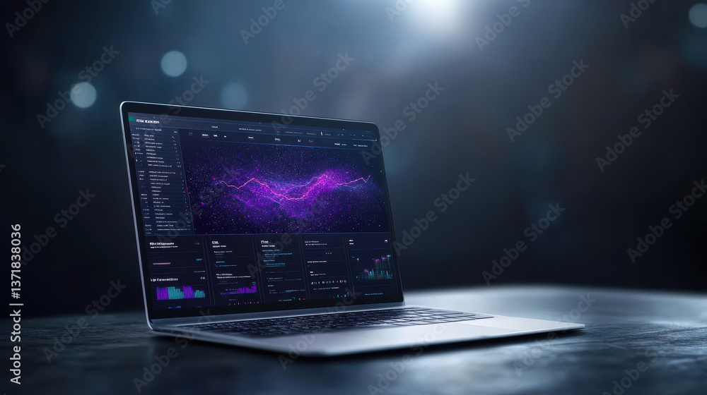 Poster sleek laptop displaying vibrant data visualizations and analytics dark background, showcasing