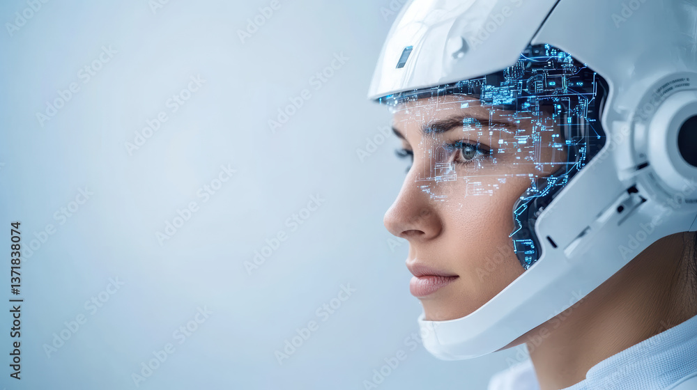 Poster futuristic helmet with digital interface advanced technology ai integration human machine