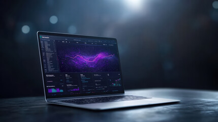 sleek laptop displaying vibrant data visualizations and analytics dark background, showcasing