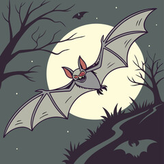 Sinister Vampire Bat in Moonlit Night Vector Art