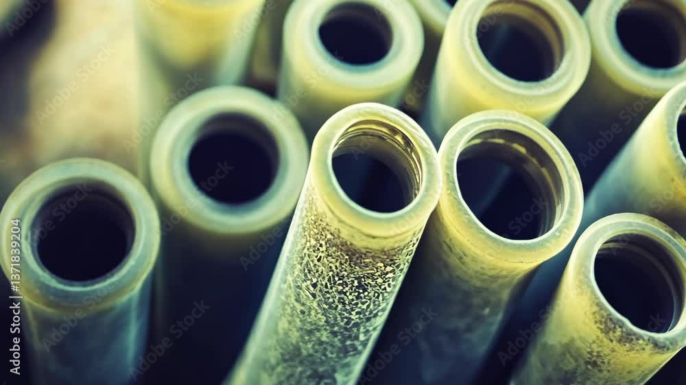 Aufkleber close-up view of weathered plastic tubes arranged in a circular pattern revealing intricate textures