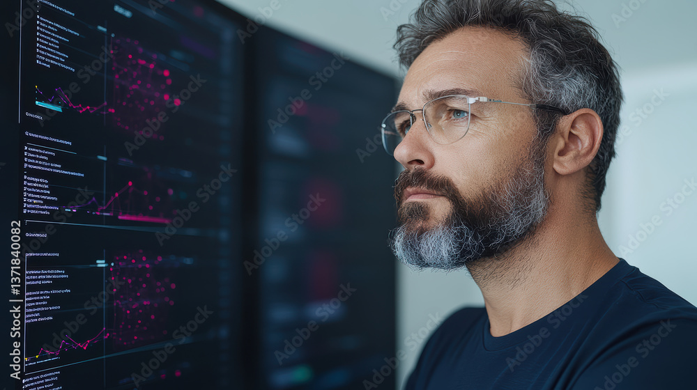 Poster innovative professional analyzing data on multiple screens in modern workspace