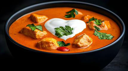 Romantic Bowl of Colorful Masala Curry with Heart-Shaped Yogurt Topping