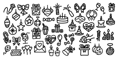 Vector set of outline party doodles. Hand drawn birthday, anniversary, carnival, festival decor. Balloons, cakes, gift boxes illustrations in hand drawn style