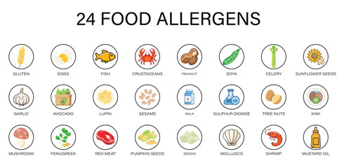 Food Allergens Line Icon Set  Essential Symbols for Vegan, Gluten-Free, and Allergy-Safe Ingredients