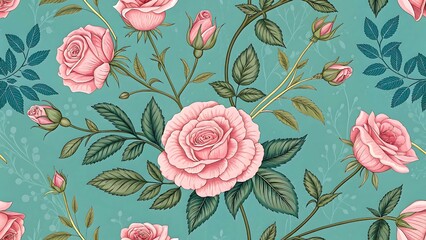 Elegant pink roses with green leaves on a teal background with floral patterns.