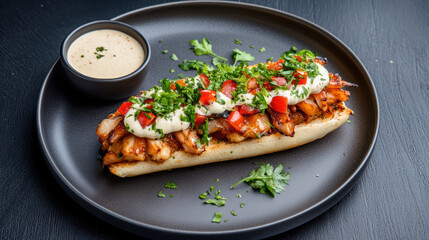 Gourmet open faced shawarma topped with fresh herbs, tomatoes, and creamy sauce