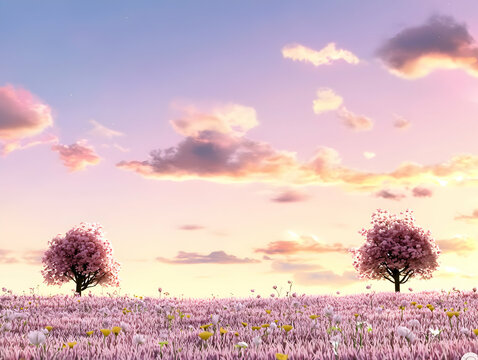 Pink Flower Field at Sunset with Two Blossom Trees