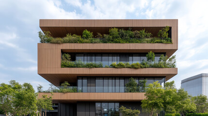Modern building with green terraces and natural elements, showcasing sustainable architecture