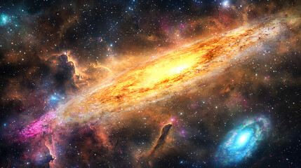 Obraz premium Majestic galaxy with a bright yellow star radiating ethereal light and cosmic energy captured in the vastness of the night sky.