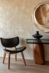 A stylish vignette featuring a black leather and wood chair, a smoked glass console table, and sculptural decor, set against a warm beige textured wall.