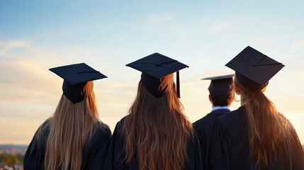 Graduates wearing caps and gowns celebrate their achievement against beautiful sunset backdrop
