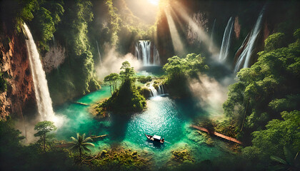 A breathtaking aerial view of a hidden tropical lagoon, surrounded by towering cliffs, cascading waterfalls, and vibrant greenery, with a small wooden boat floating on the emerald waters