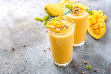 Refreshing and healthy mango smoothie in tall glasses