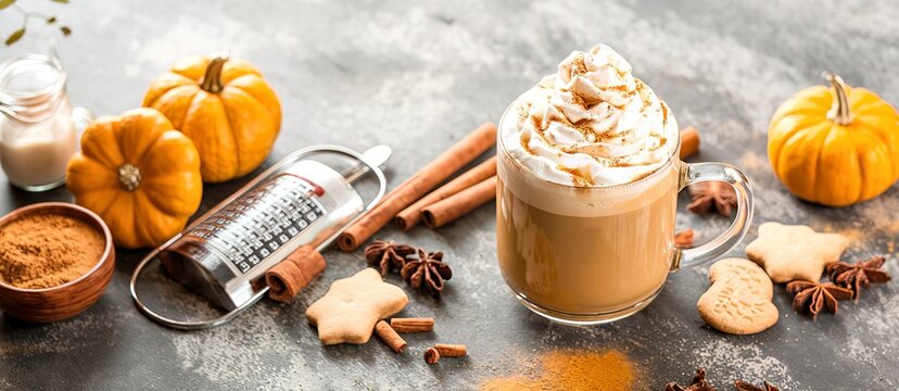 Pumpkin spice latte in a glass mug with cinnamon, nutmeg and cookies