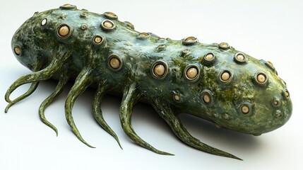 3D render of a bizarre, green, alien organism with multiple eyes and tentacles.