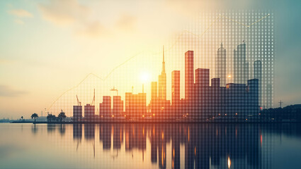 Fototapeta premium Photo Realistic Double Exposure: Silhouette of a Warehouse with Growth Forecast Chart Symbolizing Revenue Forecast and Innovation - Ample Copy Space for Text