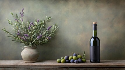 Still Life Olives Lavender Wine Bottle