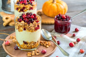 Thanksgiving breakfast with pumpkin granola parfait and cranberry sauce