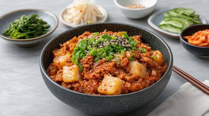 Fototapeta premium delicious homemade Korean meal featuring warm bowl of spicy stir fried pork with vegetables