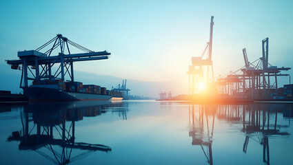 Photo Realistic Double Exposure: Silhouette of a Port Facility with Budget Allocation Table Symbolizing Cost Allocation and Logistics Management - Ample Copy Space