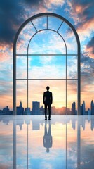 Fototapeta premium Self awareness and emotional regulation for better leadership. Businessman Silhouette at Sunset Cityscape View Through Arch Window