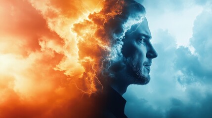 Self awareness and emotional regulation for better leadership. Profile of a Man Emerging from Stormy Clouds of Fire and Ice