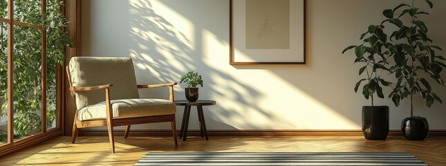 Sunlit room interior design featuring a beige armchair, side table, potted plants, and a framed print, creating a calm and peaceful atmosphere.