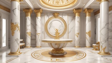 Ancient Greek-inspired luxury home with white marble columns, gold accents, and grand frescoes, 3D render