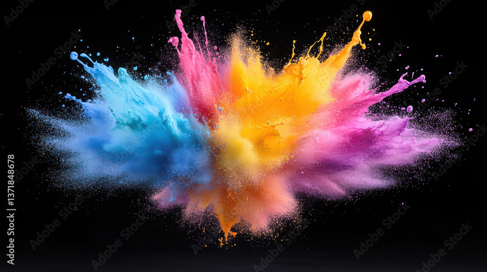 Poster vibrant paint splashes create mesmerizing explosion of color against dark background