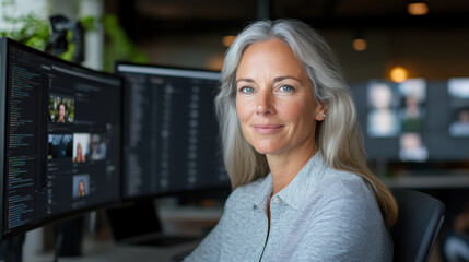 professional woman with long gray hair sits desk, focused her work with multiple computer