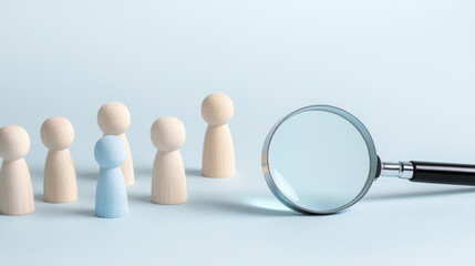 standout blue wooden figure is highlighted by magnifying glass among identical beige figures, symbolizing uniqueness and selection