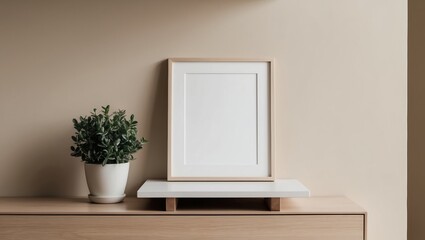 Frame and Plant Display: A minimalist composition features an empty picture frame gracefully propped on a wooden surface, next to a potted plant.