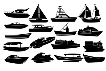 Set of ship silhouette designs in variations. Water transportation. Black and white Vector Illustration