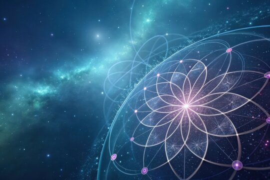 Cosmic Geometric Pattern with Ethereal Glow in Deep Space